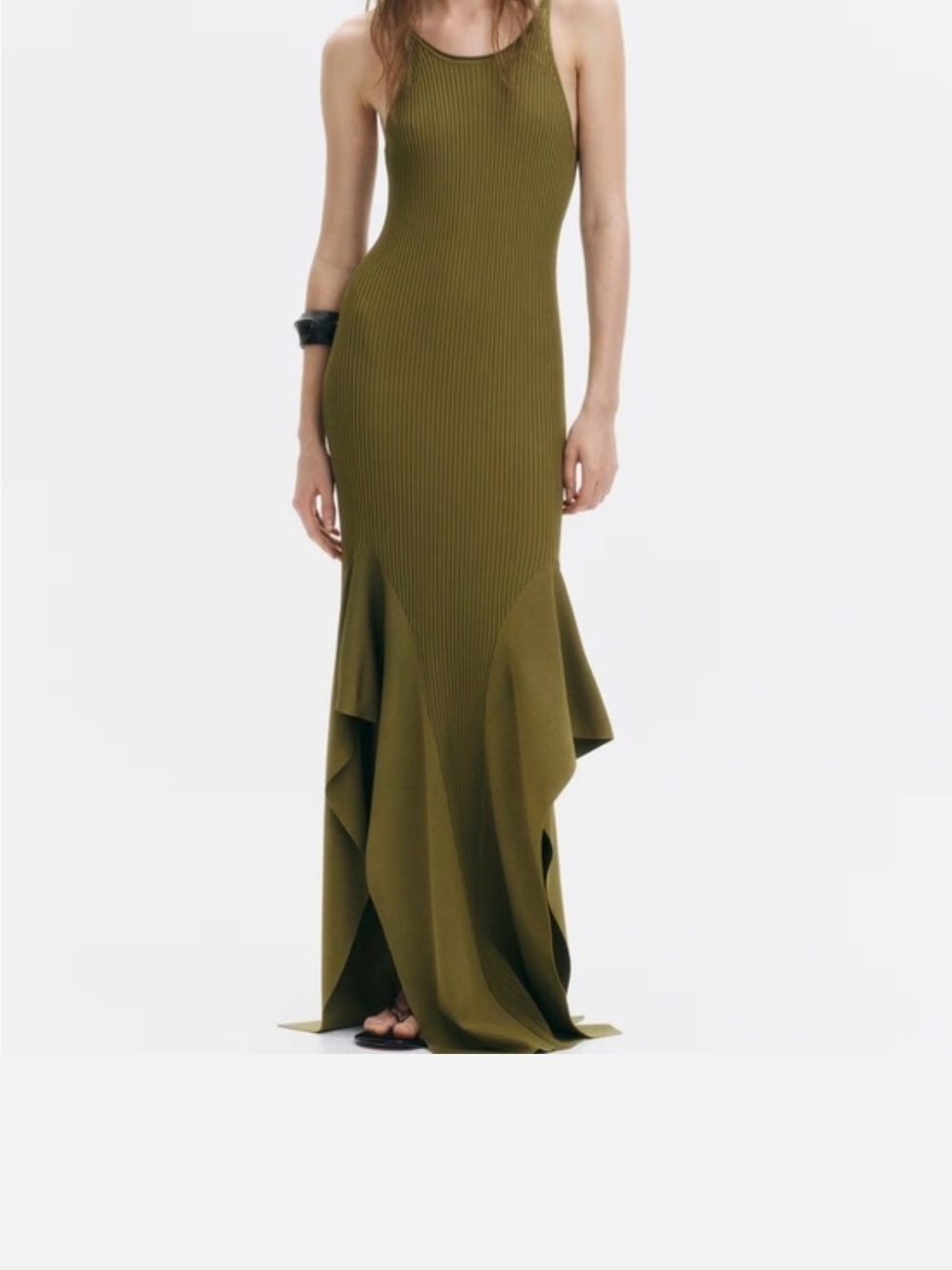 H&M STUDIO COLLECTION Olive Green Ribbed Mermaid Maxi Dress